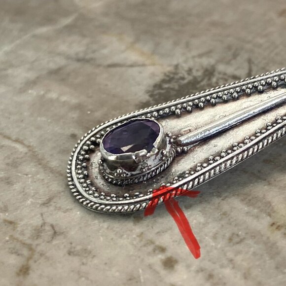 Sterling Silver 925 OKA Bali Oval Amethyst Teardrop Dangle Drop Earrings - Picture 5 of 16